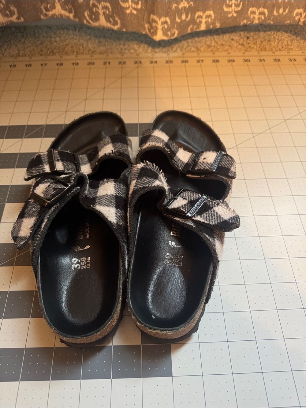 Birkenstock Black and White Plaid Arizona Two-Strap Sandals